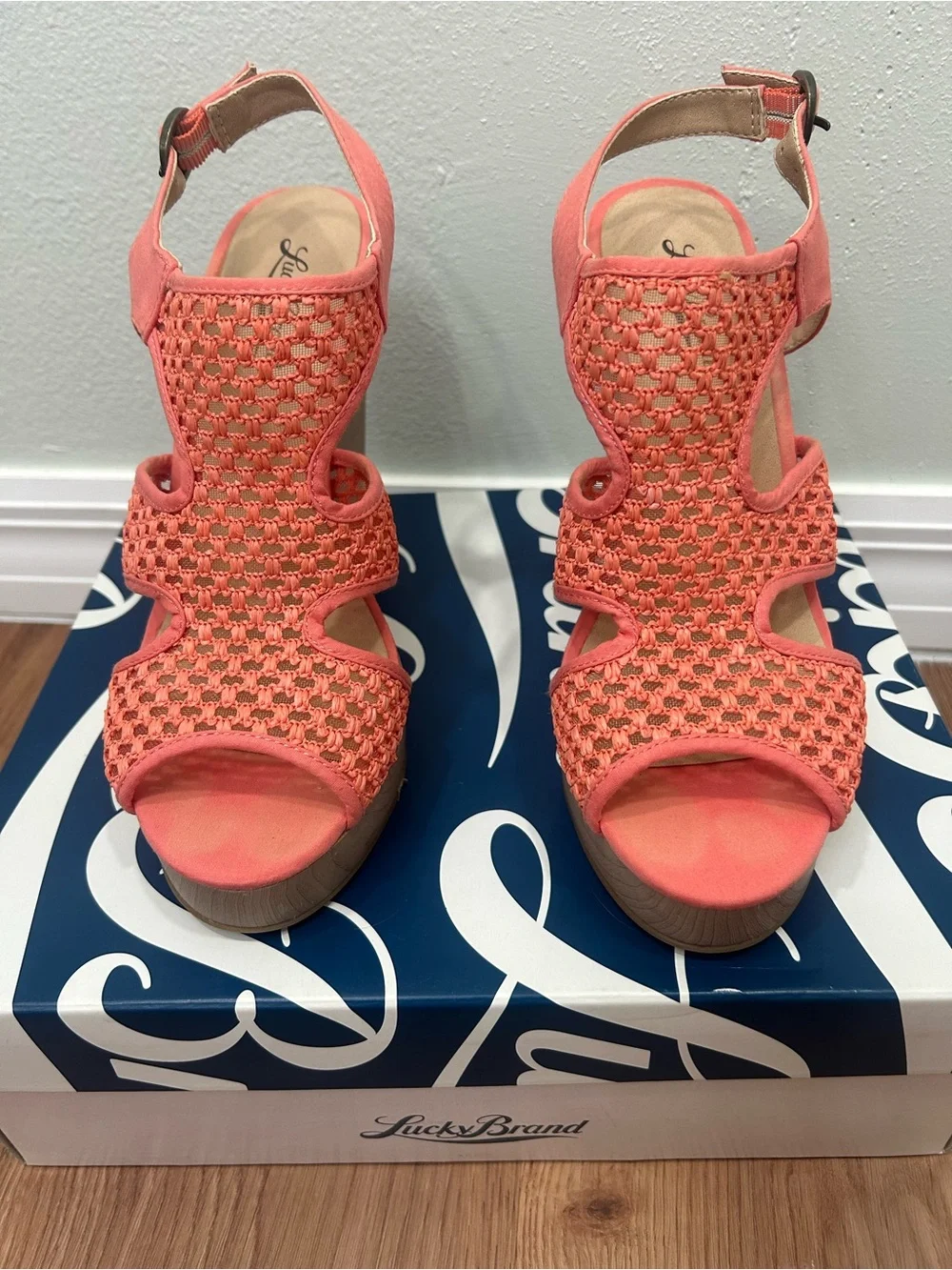 Lucky Brand Coral Crochet Wedge Sandals